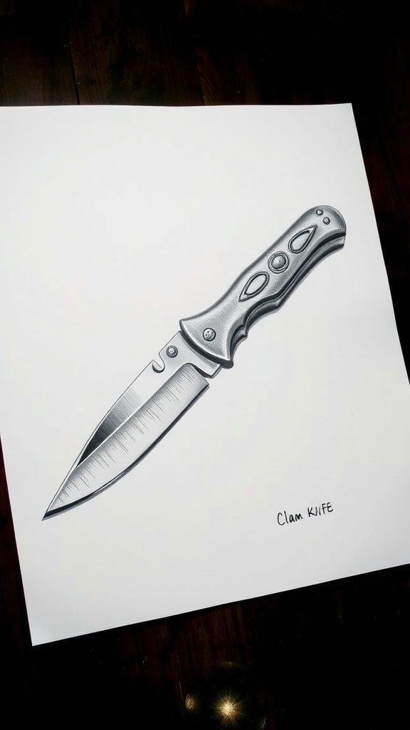 A beautifully rendered drawing of a clam knife with focus on details and shading.